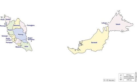 Mapa de Malasia: la península malaya y los estados de Sabah y Sarawak en Borneo, separados por el mar de la China Meridional