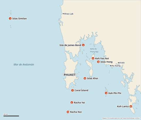 Mapa de la costa de Phuket y el mar de Andamán con diez islas numeradas: Similan, isla de James Bond, Phi Phi, Koh Yao Noi, Racha Yai, Koh Lanta, islas Hong, Coral Island, islas Khai y Racha Noi