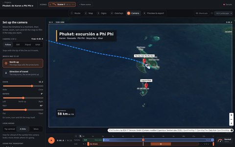 Panel de cámara de Map Animator con la opción Follow y la vista inclinada sobre las islas Phi Phi