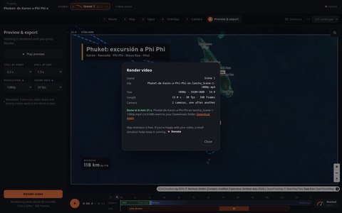 Ventana Render video de Map Animator con el aviso de vídeo terminado y su tamaño