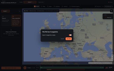 Ventana de Map Animator que pregunta si importar los cinco puntos de paso del archivo GPX como carteles