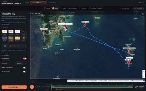 Panel de elección de mapa de Map Animator con el estilo satélite aplicado sobre Phuket y las islas Phi Phi
