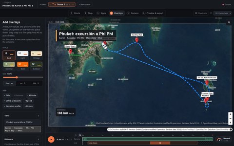 Vista de Map Animator con un título sobre la ruta y un recuadro que indica la distancia recorrida