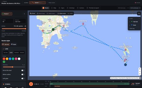 Mapa de Phuket y las islas Phi Phi con la ruta dividida en un tramo verde por carretera y otro azul discontinuo por mar